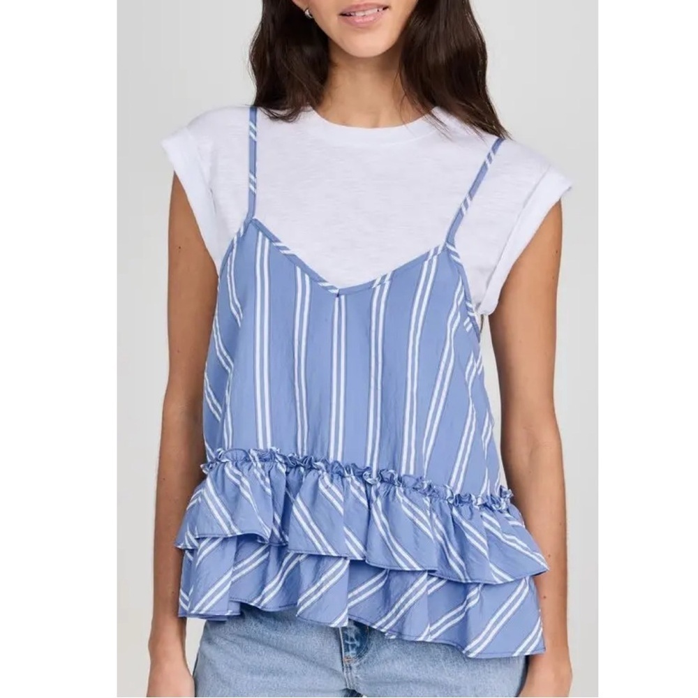 NEW CINQ À SEPT Seersucker Stripe Samantha Layered Look Top Blue & White